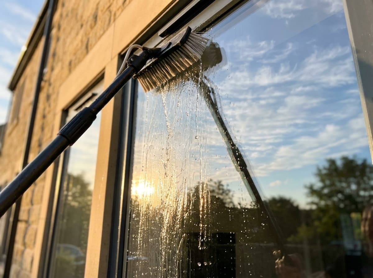 A pure-water rinse running down high exterior glass