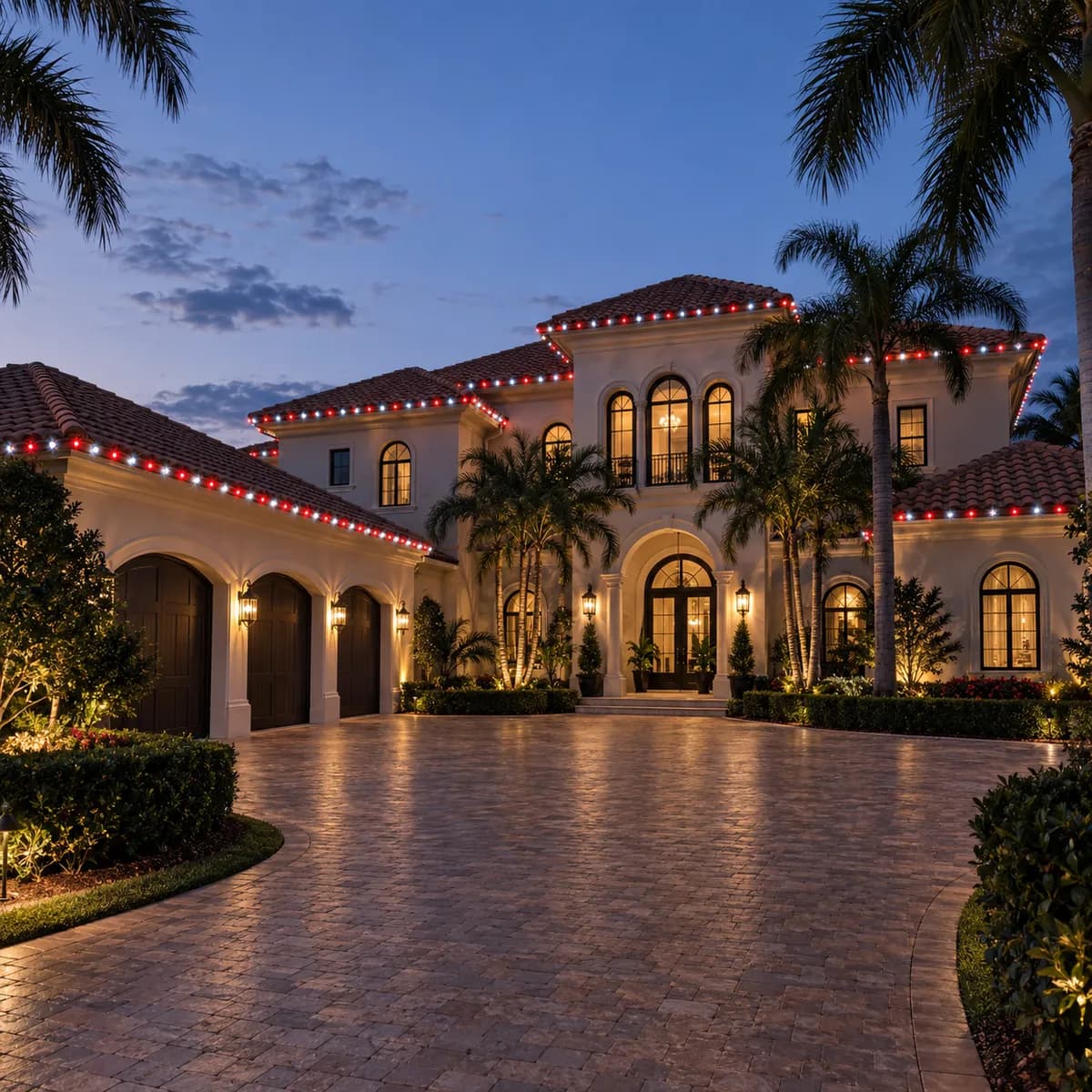 A home lit with warm white C9 lights along every roofline (after)