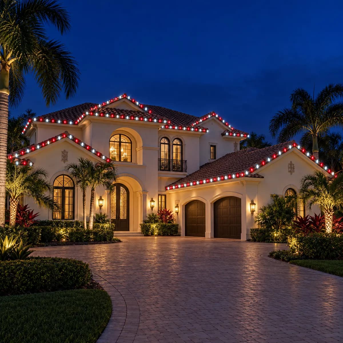 A Naples home at night with its rooflines, gables and columns outlined in red and warm-white C9 bulbs