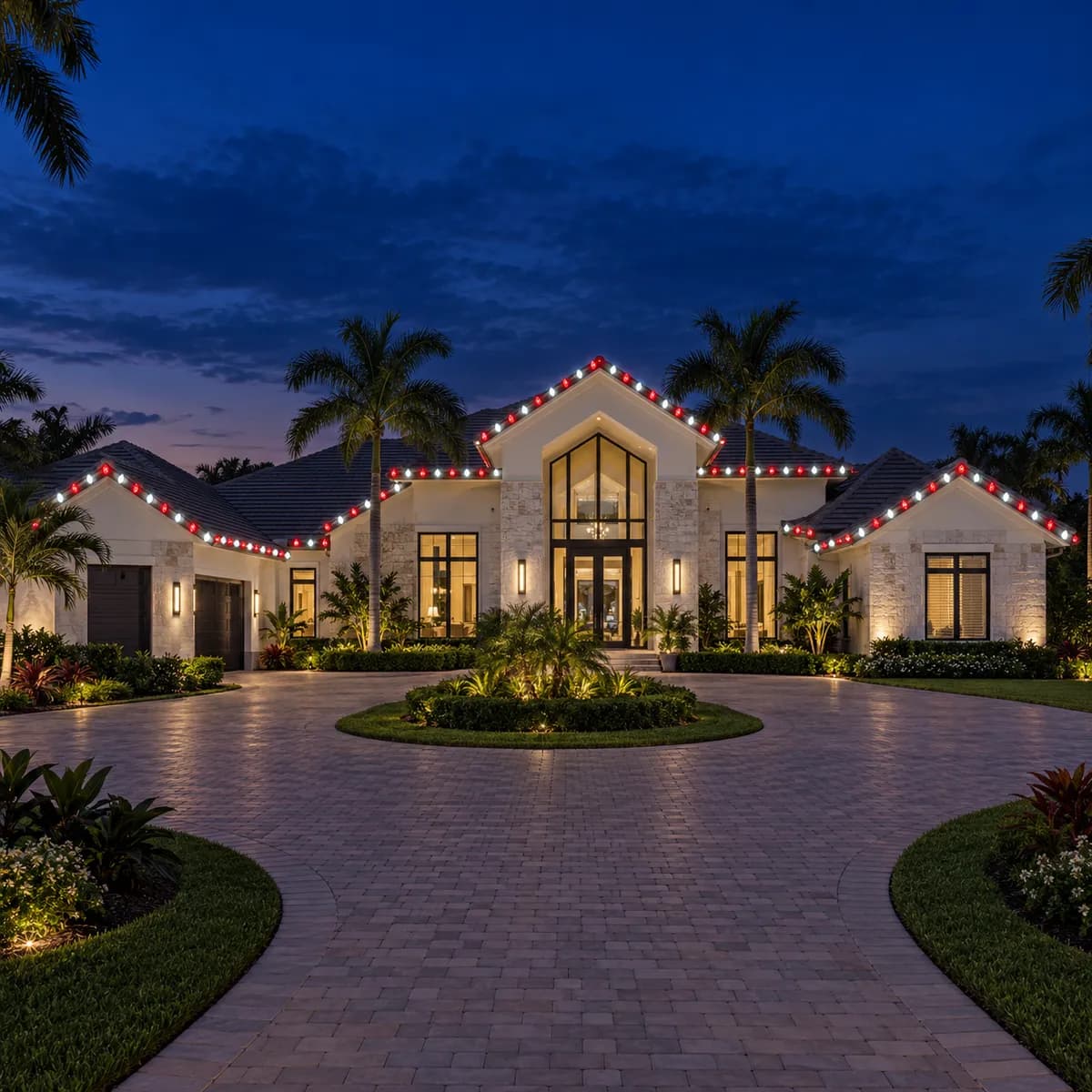 A single-story Naples home with its gables picked out in alternating red and warm-white C9 bulbs