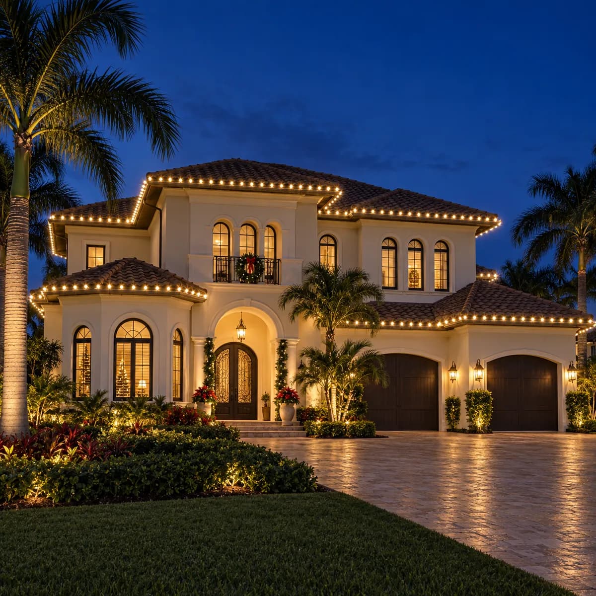A Mediterranean-style Naples home outlined in warm-white C9 bulbs along every roofline and gable