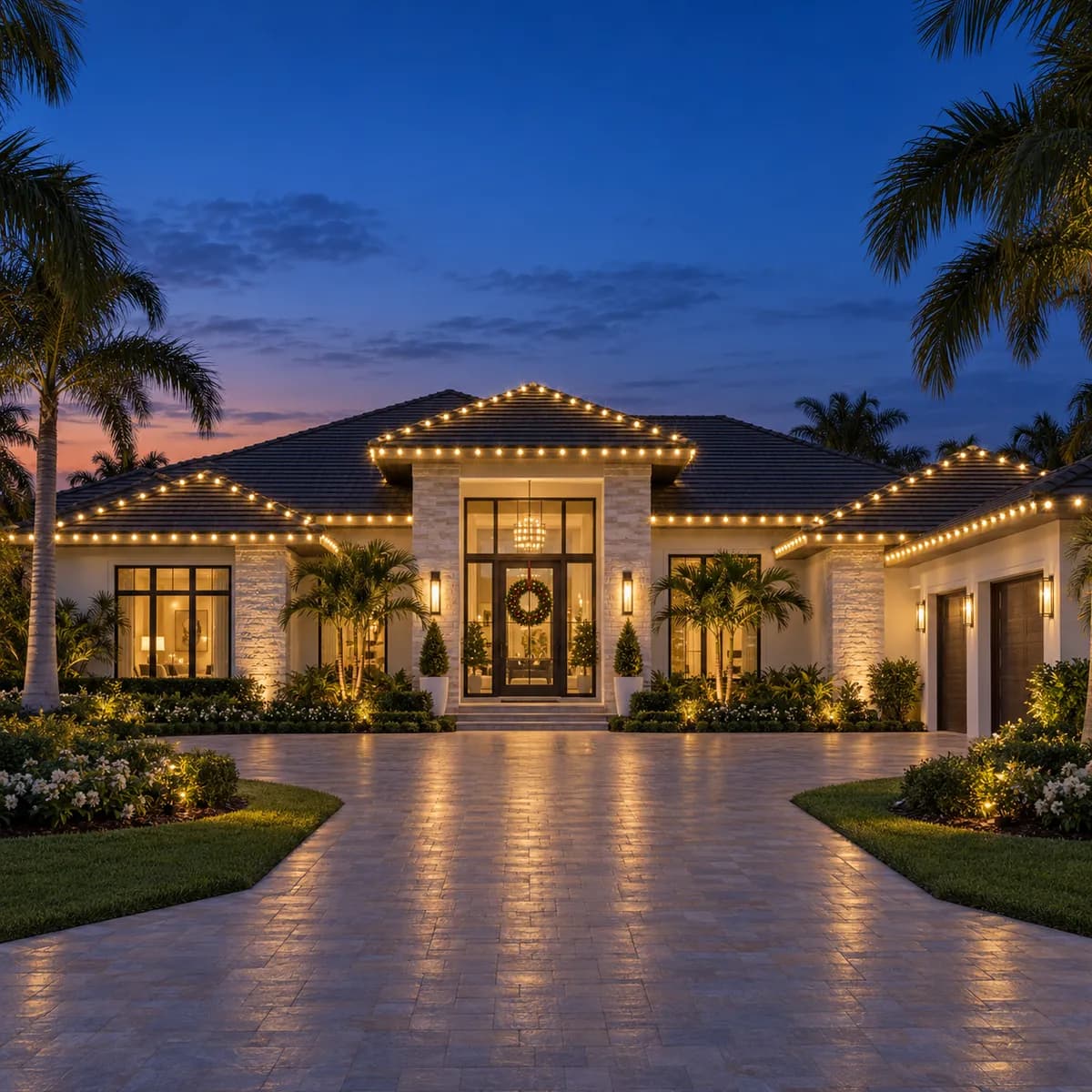 A single-story Naples home with its roofline and peaks outlined in warm-white C9 bulbs at dusk