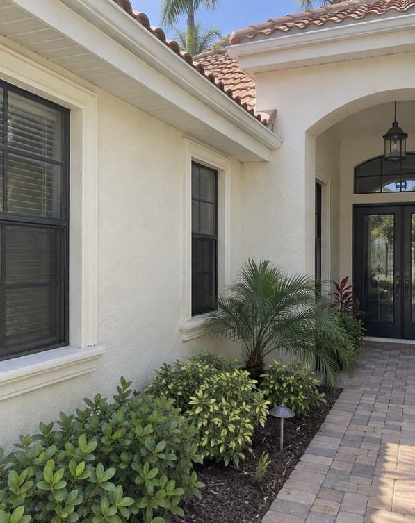 A white stucco modern home with tall glass walls and palms (after)