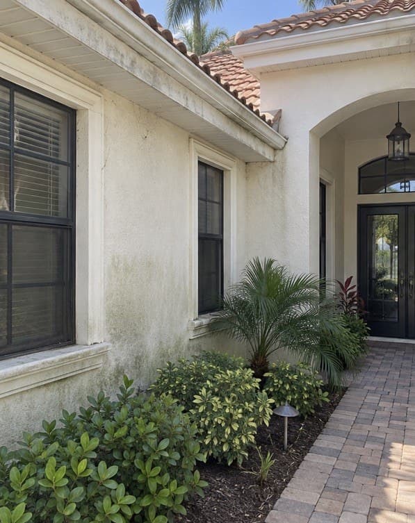 A white stucco modern home with tall glass walls and palms (before)